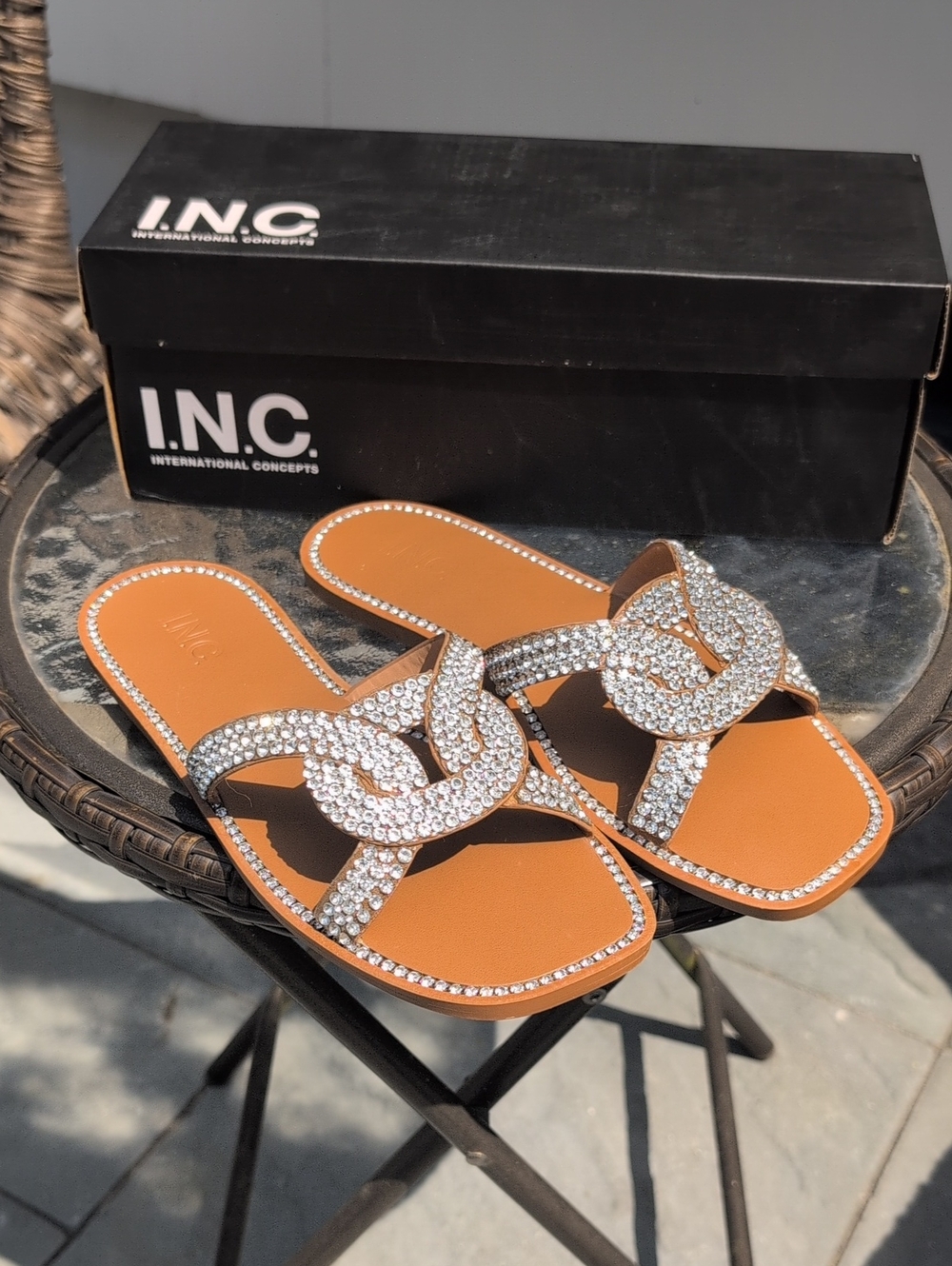 INC International Concepts Tan Crystal-Link Women's Slide Sandals Size 8.5 NWT